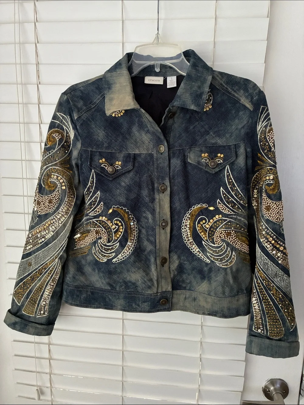 Chico’s SZ 1  Denim Jacket Gold  Jeweled Sequined Embellished Scroll Blue SZ 8